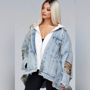 HOODED PATCHED OVERSIZED COMBO DENIM JACKET